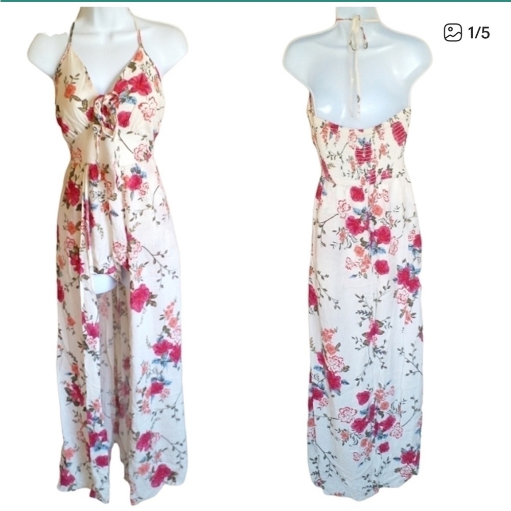 Floral Cream and Pink Halter Maxi Dress